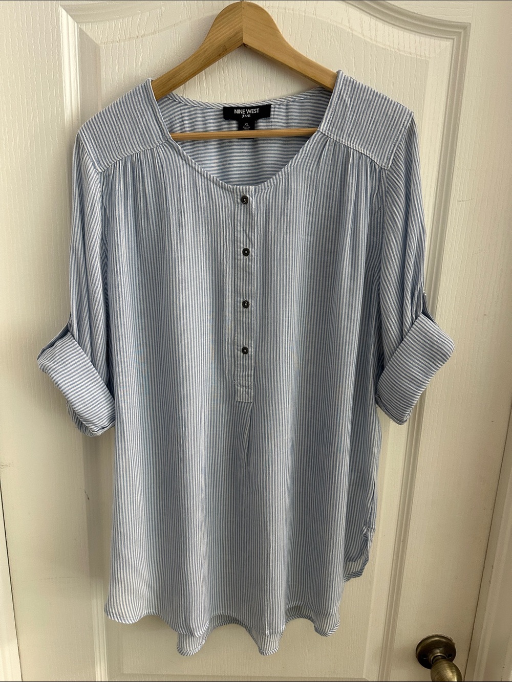 Nine West Blue and White Pinstripe Button-Placket Tunic Shirt